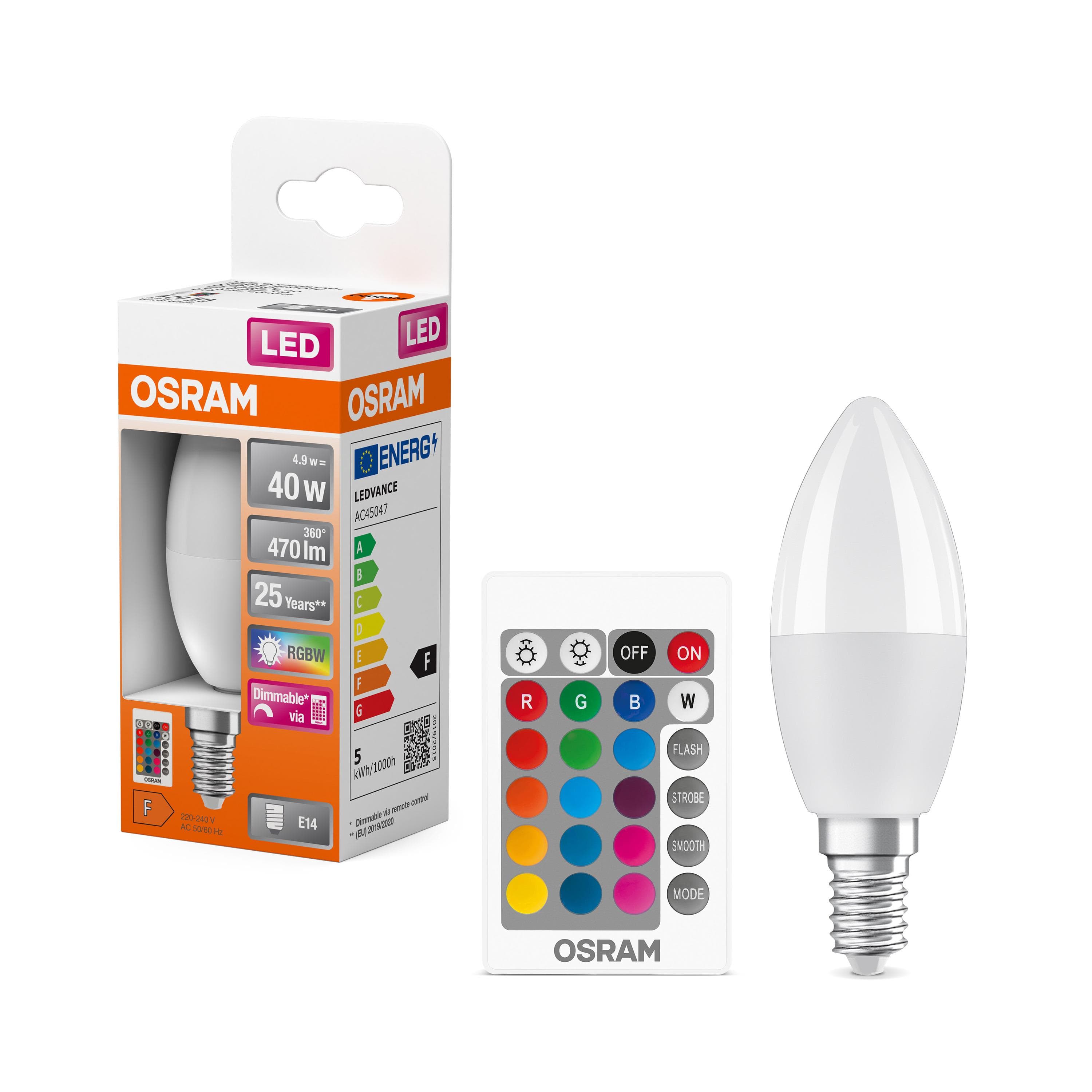Osram Led 4.9W RGBW 470lm E14 Duy 15 Farklı Renk ve Sarı Işık Kumandalı Ampul