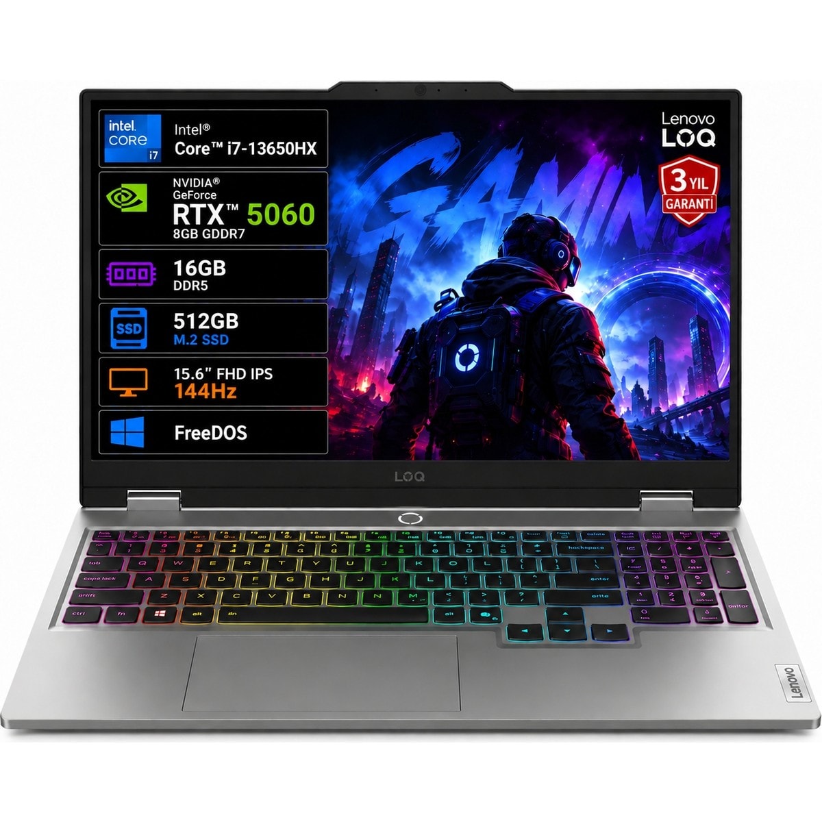 Lenovo LOQ 83JE01L2TR i7-13650HX 16GB 512GB SSD RTX5060 8GB TGP 100W 15.6" IPS 144Hz Freedos