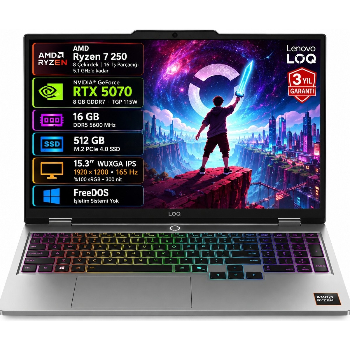 Loq 15AHP11 83TN0096TR Amd Ryzen 7 250 16GB Ram 512GB SSD RTX5070 8gb 115W 15.3" 165Hz Wuxga IPS Freedos Gaming Notebook