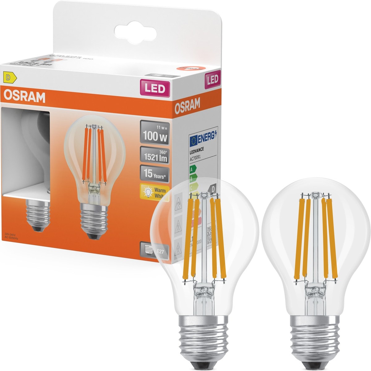 Osram Led Flament 11W 2700K 1521lm E27 Duy Sarı Işık 2'li Ampul / 4099854394591