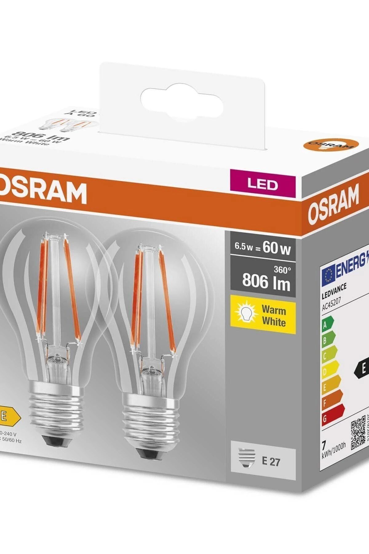 Osram Led Flament 6.5W 2700K 806lm E27 Duy Sarı Işık 2'li Paket Lamba