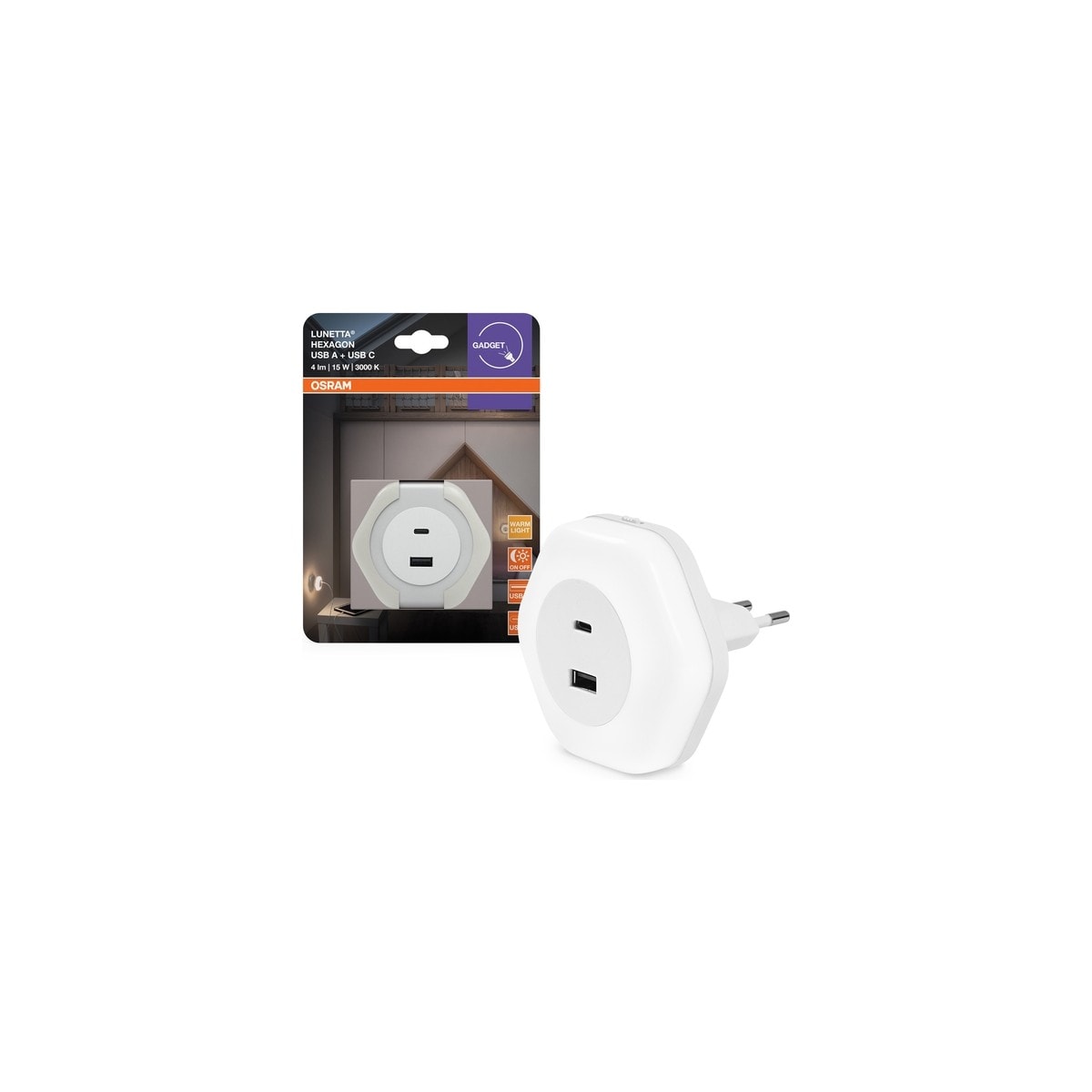 Lunetta Hexagon 830 White 15W 3000K 4lm Type C ve USB Çıkışları Sarı Işık Priz