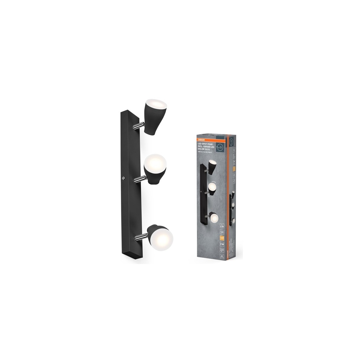 Pear Üçlü LED Spot 3X4.3W 2700K 1050LM GU10 Siyah Kasa