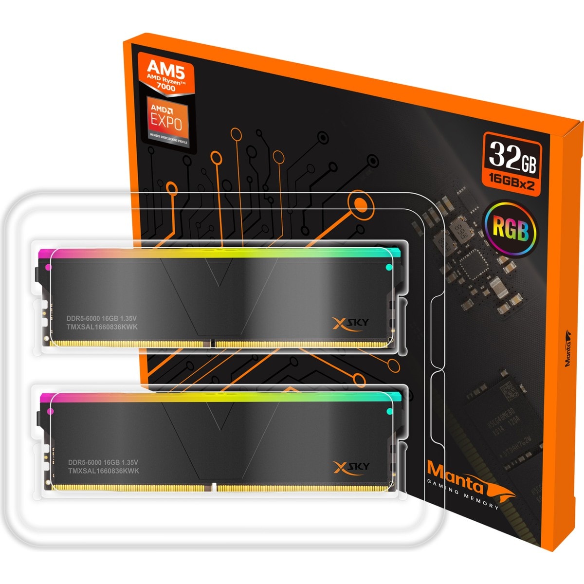 V-color 32GB (2 x 16GB) DDR5 6400MT/s CL32 Manta XSky RGB AMD EXPO - Siyah